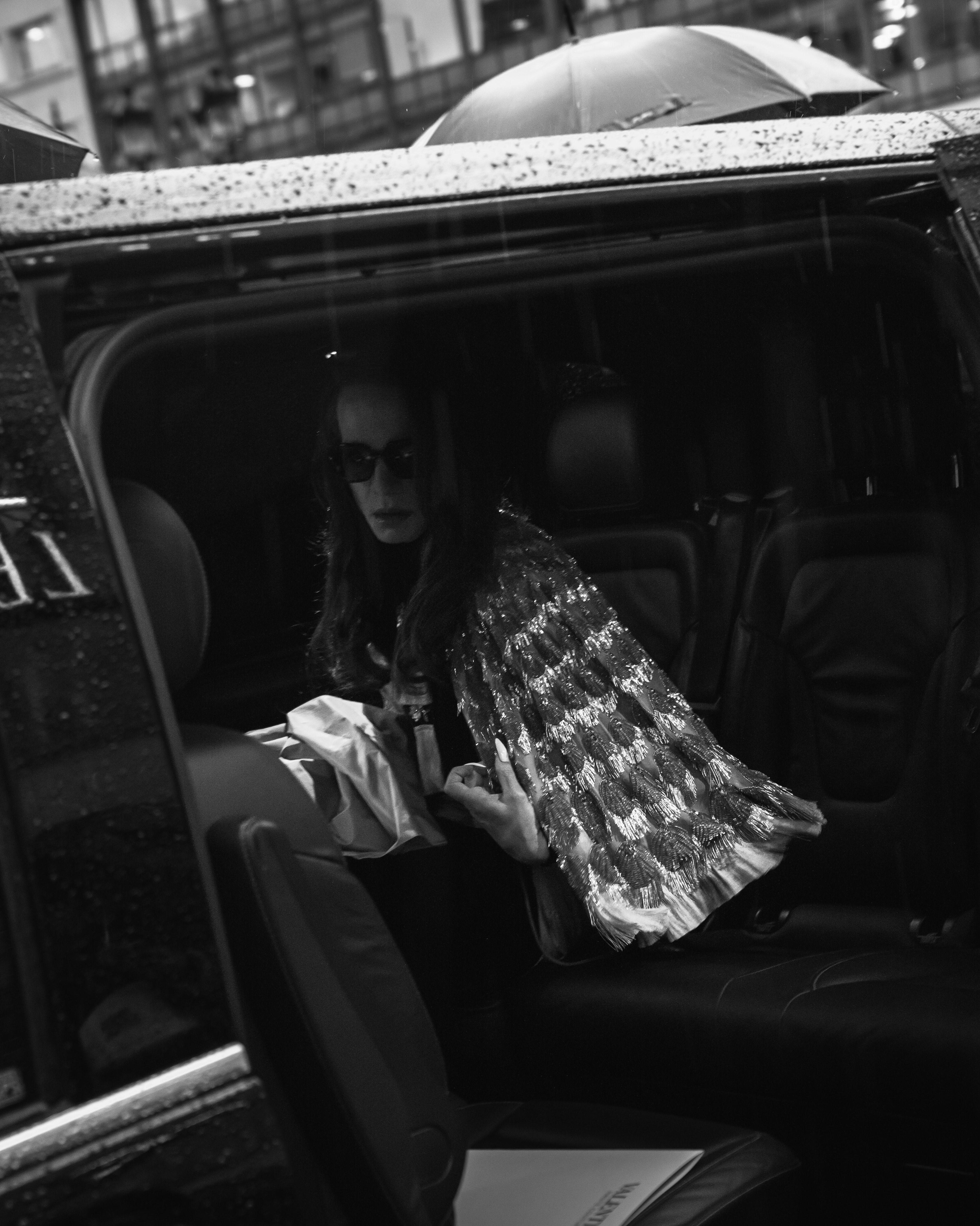Black and white portrait in car