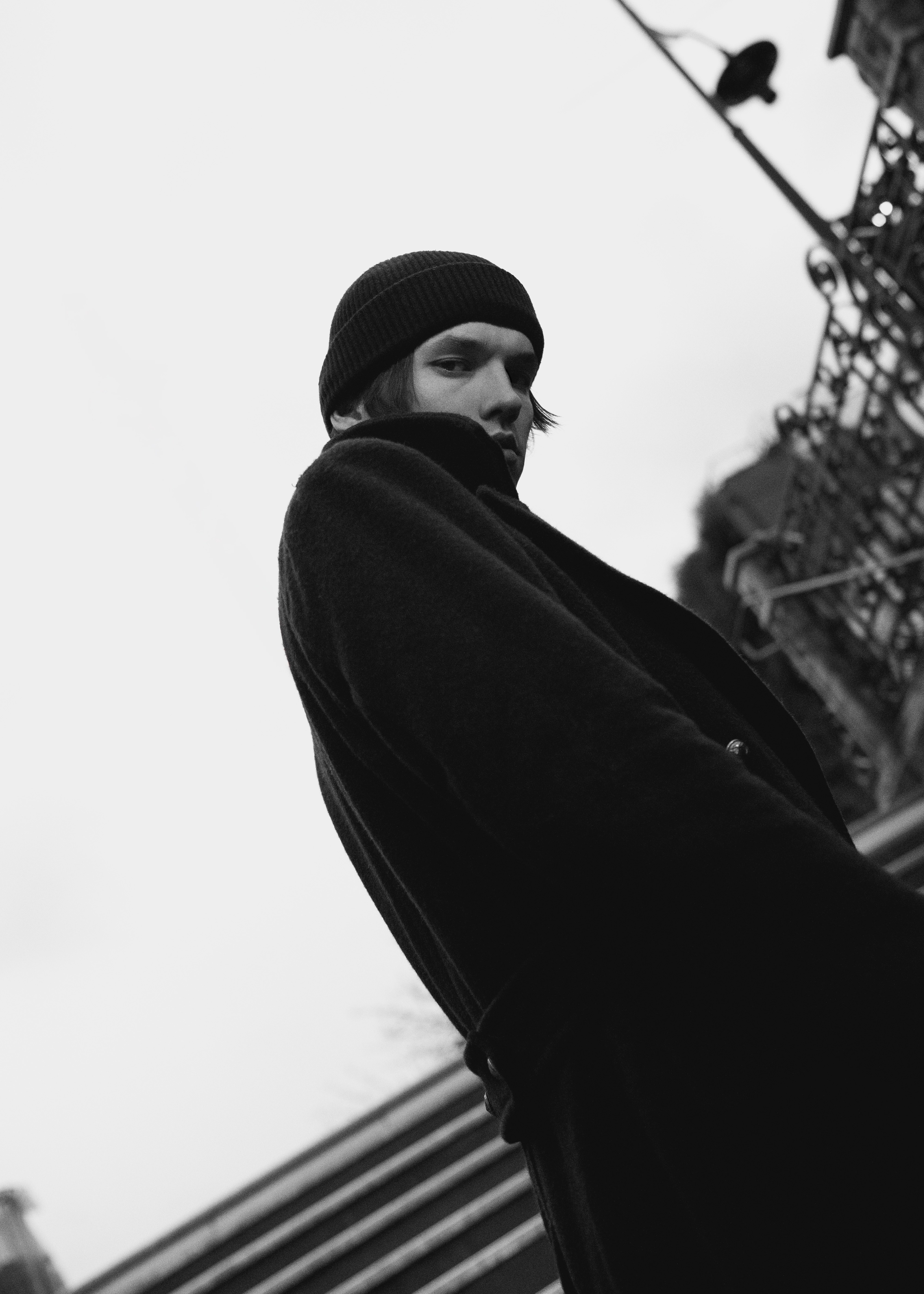 Low angle portrait in black and white